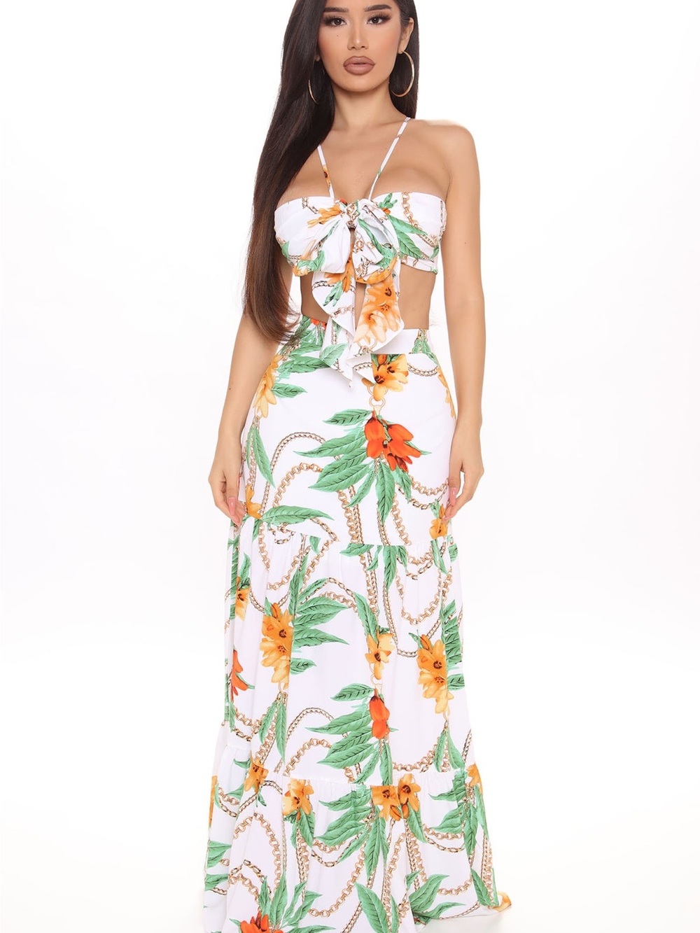 Luxxel White Maxi Dress with Red & Yellow Tropical Floral Print